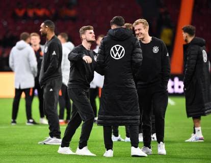 Fussball, Herren, Saison 2018 19, EM-Qualifikation, Gruppe C (2. Spieltag), Länderspiel in Amsterdam, Niederlande - Deutschland, v. l. Jonathan Tah (Deutschland), Timo Werner (Deutschland), Kai Havertz (Deutschland), Julian Brandt (Deutschland) vor dem Spiel, 24.03. 2019, Copyright: xMatthiasxKochx