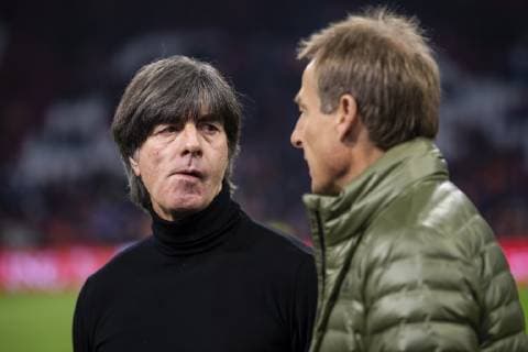 24.03.2019, xkvx, Fussball EM Qualifikation 2020, Niederlande - Nationalmannschaft Deutschland emspor, v.l. Head Coach Bundestrainer Joachim Loew (Deutsche Fussball Nationalmannschaft DFB), Juergen Klinsmann (TV Experte ehemaliger Bundestrainer) (DFL DFB REGULATIONS PROHIBIT ANY USE OF PHOTOGRAPHS as IMAGE SEQUENCES and or QUASI-VIDEO) Amsterdam