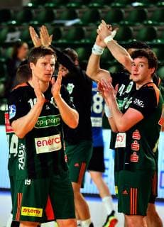24.03.2019 Bitola Bitolj(North Macedonia) HC Eurofarm Rabotnik-TSV Hannover-Burgdorf EHF Cup group phase men s handball Pavel Atman(L),Joshua Thiele(R)TSV Hannover Burgdorf celebrate victory :Str 
