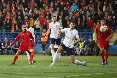 Montenegro v England UEFA EURO EM Europameisterschaft Fussball 2020 Qualifiers Marko Vesovic of Montenegro scores his sides 1st goal during the UEFA Euro 2020 Qualifiers match at the Podgorica City Stadium, Podgorica Content Not Available For UK Newspapers Copyright: xPaulxChestertonx FIL-13030-0021