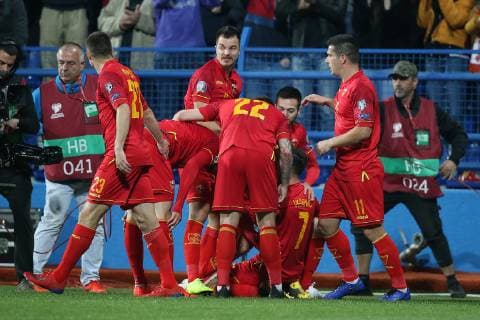 Montenegro v England UEFA EURO EM Europameisterschaft Fussball 2020 Qualifiers Marko Vesovic of Montenegro celebrates scoring his sides 1st goal during the UEFA Euro 2020 Qualifiers match at the Podgorica City Stadium, Podgorica Content Not Available For UK Newspapers Copyright: xPaulxChestertonx FIL-13030-0031
