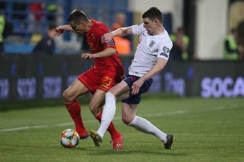 Montenegro v England UEFA EURO EM Europameisterschaft Fussball 2020 Qualifiers Adam Marusic of Montenegro and Declan Rice of England in action during the UEFA Euro 2020 Qualifiers match at the Podgorica City Stadium, Podgorica Content Not Available For UK Newspapers Copyright: xPaulxChestertonx FIL-13030-0042