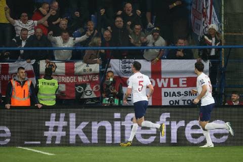Montenegro v England UEFA EURO EM Europameisterschaft Fussball 2020 Qualifiers Michael Keane of England celebrates scoring his sides 1st goal during the UEFA Euro 2020 Qualifiers match at the Podgorica City Stadium, Podgorica Content Not Available For UK Newspapers Copyright: xPaulxChestertonx FIL-13030-0053