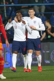 Montenegro v England UEFA EURO EM Europameisterschaft Fussball 2020 Qualifiers Ross Barkley of England celebrates scoring his sides 2nd goal with the supplier of the cross Callum Hudson-Odoi of England during the UEFA Euro 2020 Qualifiers match at the Podgorica City Stadium, Podgorica Content Not Available For UK Newspapers Copyright: xPaulxChestertonx FIL-13030-0077