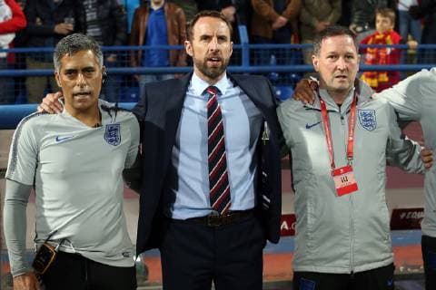 Montenegro v England UEFA EURO EM Europameisterschaft Fussball 2020 Qualifiers England Manager Gareth Southgate and England Assistant Manager Steve Holland sing the National Anthem before the UEFA Euro 2020 Qualifiers match at the Podgorica City Stadium, Podgorica Content Not Available For UK Newspapers Copyright: xPaulxChestertonx FIL-13030-0088