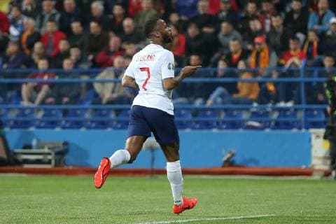 Montenegro v England UEFA EURO EM Europameisterschaft Fussball 2020 Qualifiers Raheem Sterling of England celebrates scoring his side?s 5th goal during the UEFA Euro 2020 Qualifiers match at the Podgorica City Stadium, Podgorica Content Not Available For UK Newspapers Copyright: xPaulxChestertonx FIL-13030-0110