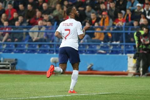 Montenegro v England UEFA EURO EM Europameisterschaft Fussball 2020 Qualifiers Raheem Sterling of England celebrates scoring his side?s 5th goal during the UEFA Euro 2020 Qualifiers match at the Podgorica City Stadium, Podgorica Content Not Available For UK Newspapers Copyright: xPaulxChestertonx FIL-13030-0111