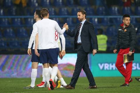 Montenegro v England UEFA EURO EM Europameisterschaft Fussball 2020 Qualifiers England Manager Gareth Southgate and Harry Kane of England at the end of the UEFA Euro 2020 Qualifiers match at the Podgorica City Stadium, Podgorica Content Not Available For UK Newspapers Copyright: xPaulxChestertonx FIL-13030-0130
