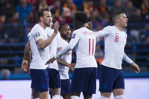 25th March 2019, Podgorica City Stadium, Podgorica, Montenegro; UEFA European Championships Qualification football, Montenegro versus England; Harry Kane of England celebrates scoring his goal for 1-4 in 75th minute with Declan Rice of England, Callum Hudson-Odoi of England, Raheem Sterling of England and Ross Barkley of England  ActionPlus12117777 NikolaxKrstic