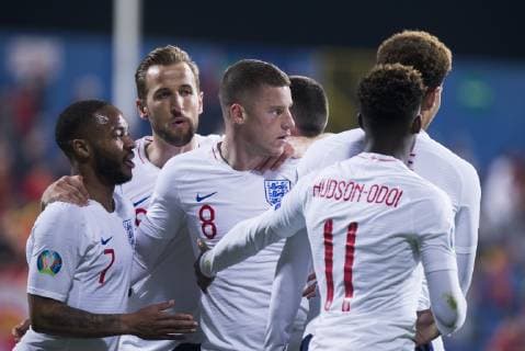 25th March 2019, Podgorica City Stadium, Podgorica, Montenegro; UEFA European Championships Qualification football, Montenegro versus England; Ross Barkley of England celebrates scoring his goal for 1-3 in 59th minute with Raheem Sterling of England, Callum Hudson-Odoi of England, Harry Kane of England  ActionPlus12117772 NikolaxKrstic