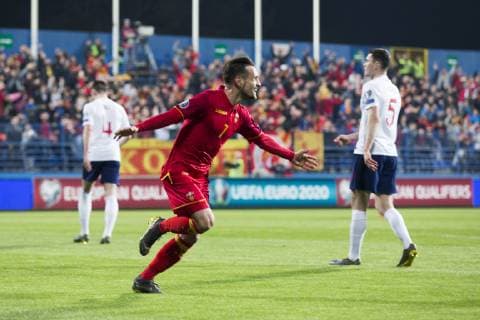 25th March 2019, Podgorica City Stadium, Podgorica, Montenegro; UEFA European Championships Qualification football, Montenegro versus England; Marko Vesovic of Montenegro celebrates scoring his goal in 17th minute for 1-0  ActionPlus12117796 NikolaxKrstic