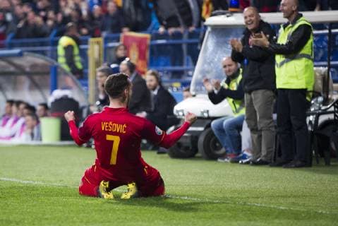 25th March 2019, Podgorica City Stadium, Podgorica, Montenegro; UEFA European Championships Qualification football, Montenegro versus England; Marko Vesovic of Montenegro celebrates scoring his goal in 17th minute for 1-0  ActionPlus12117797 NikolaxKrstic