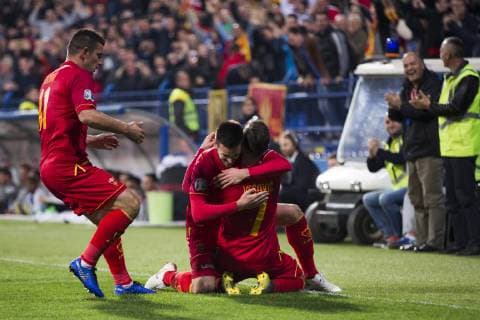 25th March 2019, Podgorica City Stadium, Podgorica, Montenegro; UEFA European Championships Qualification football, Montenegro versus England; Marko Vesovic of Montenegro celebrates scoring his goal in 17th minute for 1-0  ActionPlus12117799 NikolaxKrstic