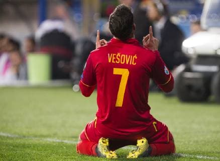 25th March 2019, Podgorica City Stadium, Podgorica, Montenegro; UEFA European Championships Qualification football, Montenegro versus England; Marko Vesovic of Montenegro celebrates scoring his goal for 1-0 in 26th minute  ActionPlus12117755 NikolaxKrstic