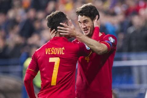 Sport Bilder des Tages 25th March 2019, Podgorica City Stadium, Podgorica, Montenegro; UEFA European Championships Qualification football, Montenegro versus England; Marko Vesovic of Montenegro celebrates scoring his goal for 1-0 in 26th minute  ActionPlus12117756 NikolaxKrstic
