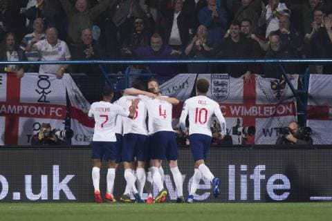 25th March 2019, Podgorica City Stadium, Podgorica, Montenegro; UEFA European Championships Qualification football, Montenegro versus England; Michael Keane of England celebrates scoring his goal with his team mates in 30th minute for 1-1  ActionPlus12117759 NikolaxKrstic
