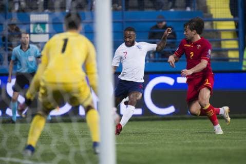 25th March 2019, Podgorica City Stadium, Podgorica, Montenegro; UEFA European Championships Qualification football, Montenegro versus England; Raheem Sterling of England prepares to shoot on goal  ActionPlus12117779 NikolaxKrstic