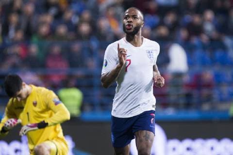 25th March 2019, Podgorica City Stadium, Podgorica, Montenegro; UEFA European Championships Qualification football, Montenegro versus England; Raheem Sterling of England celebrates scoring his goal for 1-5 in 81st minute  ActionPlus12117781 NikolaxKrstic