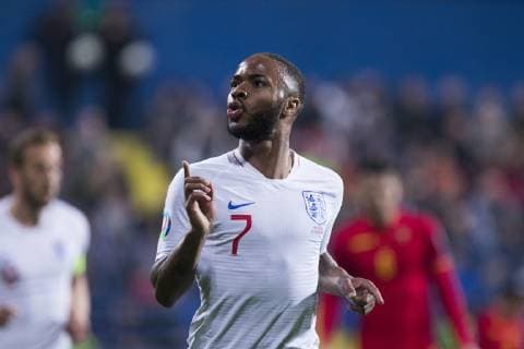 Sport Bilder des Tages 25th March 2019, Podgorica City Stadium, Podgorica, Montenegro; UEFA European Championships Qualification football, Montenegro versus England; Raheem Sterling of England celebrates scoring his goal for 1-5 in 81st minute  ActionPlus12117784 NikolaxKrstic