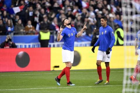 JOIE - 09 OLIVIER GIROUD (FRA) - 04 RAPHAEL VARANE (FRA) FOOTBALL : France vs Islande - Qualifications Euro 2020 - 25 03 2019 AnthonyBIBARD FEP Panoramic 