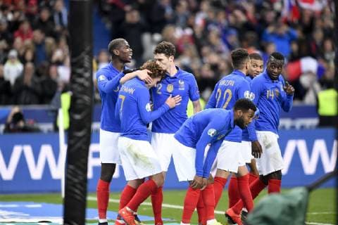 JOIE - 07 ANTOINE GRIEZMANN (FRA) - 06 PAUL POGBA (FRA) - 02 BENJAMIN PAVARD (FRA) - 14 BLAISE MATUIDI (FRA) FOOTBALL : France vs Islande - Qualifications Euro 2020 - 25 03 2019 AnthonyBIBARD FEP Panoramic 