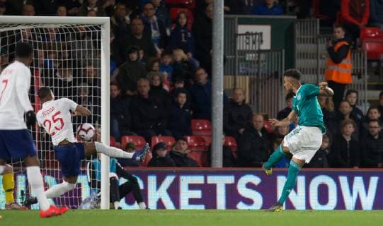 Felix Uduokhai (VfL Wolfsburg) of Germany U21 U 21 scores a last minute winning goal during the International Friendly L?nderspiel match between England U21 and Germany U21 at the Goldsands Stadium, Bournemouth, England on 26 March 2019. Copyright: xAndyxRowlandx PMI-2706-0011