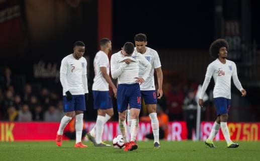 Phil Foden (Manchester City) of England U21 U 21 and teammates reaction after conceding a late winning goal during the International Friendly L?nderspiel match between England U21 and Germany U21 at the Goldsands Stadium, Bournemouth, England on 26 March 2019. Copyright: xAndyxRowlandx PMI-2706-0020