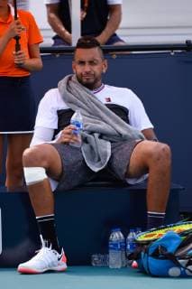 MIAMI GARDENS, FL - MARCH 26: Nick Kyrgios (AUS) upset in the 4th round match at the Miami Open on March 26, 2019 at Hard Rock Stadium in Miami Gardens, FL. (Photo by Michele Sandberg Icon Sportswire) TENNIS: MAR 26 Miami Open Icon190326955