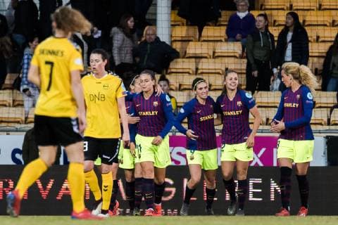 190327 Mariona, Lieke Martens and Kheira Hamraoui of Barcelona celebrates after 0-1 during the UEFA Women s Champions League quarterfinal match between LSK Kvinner and Barcelona on March 27, 2019 in Lillestrom. Photo: Jon Olav Nesvold BILDBYRAN kod JE 160436 Copyright: JONxOLAVxNESVOLD BB190327JE003