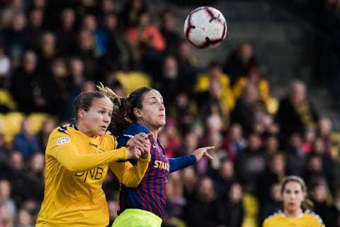 190327 Guro Reiten of LSK Kvinner and Alexia of Barcelona during the UEFA Women s Champions League quarterfinal match between LSK Kvinner and Barcelona on March 27, 2019 in Lillestrom. Photo: Jon Olav Nesvold BILDBYRAN kod JE 160436 Copyright: JONxOLAVxNESVOLD BB190327JE004