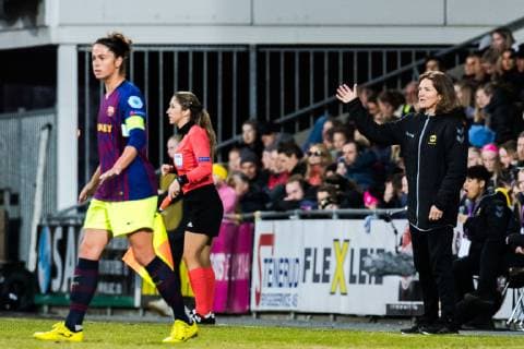 190327 Marta of Barcelona and Hege Riise, head coach of LSK Kvinner during the UEFA Women s Champions League quarterfinal match between LSK Kvinner and Barcelona on March 27, 2019 in Lillestrom. Photo: Jon Olav Nesvold BILDBYRAN kod JE 160436 Copyright: JONxOLAVxNESVOLD BB190327JE012