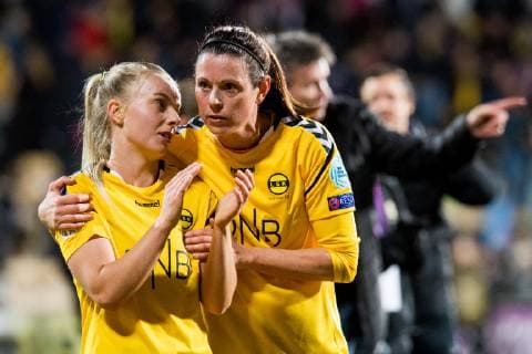 190327 Emilie Marie Woldvik and Isabell Bachor of LSK Kvinner after the UEFA Women s Champions League quarterfinal match between LSK Kvinner and Barcelona on March 27, 2019 in Lillestrom. Photo: Jon Olav Nesvold BILDBYRAN kod JE 160436 Copyright: JONxOLAVxNESVOLD BB190327JE051