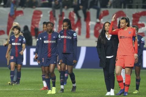 deception PSG - Aminata Diallo (PSG) - Marie Antoinette Katoto (PSG) - Christiane Endler (PSG) - Nadia Nadim (PSG) FOOTBALL FEMININ : PSG Vs Chelsea - Ligue des Champions - 27 03 2019 MichaelBaucher Panoramic 
