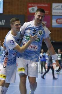 27.03.2019, Swiss Life Hall, Hannover, EHF-Pokal, Gruppenphase, TSV Hannover-Burgdorf vs RK Nexe (HRV), im Bild Vincent Buechner (74, Han.-Burgdorf) und Nejc Cehte (3, Han.-Burgdorf) jubeln nach dem Sieg TSV Hannover-Burgdorf vs RK Nexe