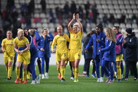 (190328) -- PARIS, March 28, 2019 -- Chelsea s players celebrate after the second leg match of UEFA Women s Champions League quarterfinal between Paris Saint-Germain and Chelsea at Jean Bouin Stadium in Paris, France, on March 27, 2019. Chelsea lost the match 1-2, but still advanced to the semifinal with a total score of 3-2. ) (SP)FRANCE-PARIS-SOCCER-UEFA WOMEN S CHAMPIONS LEAGUE-QUARTERFINAL-PSG VS CHELSEA JackxChan 