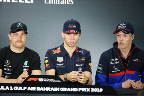 Photo4 LaPresse 28 03 2019 Sakhir, Bahrain Grand Prix Formula One Bahrain 2019 In the pic: Official Fia press conference PK Pressekonferenz L to R Valtteri Bottas (FIN) Mercedes AMG F1 W10 EQ Power, Pierre Gasly (FRA) Redbull Racing RB15 and Daniil Kvyat (RUS) Scuderia Toro Rosso STR14  Copyright: xPhoto4 LaPressex