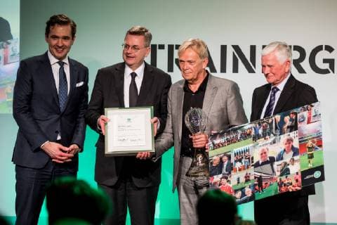 DFB Trainer-Gala 2019, Koeln, Hyatt Regency, 28.03.2019 Volker Finke wird fuer sein Lebenswerk geehrt; mit Reinhard Grindel, Friedrich Curtius und Lutz Hangartner; DFB Trainer-Gala 2019, Koeln, Hyatt Regency