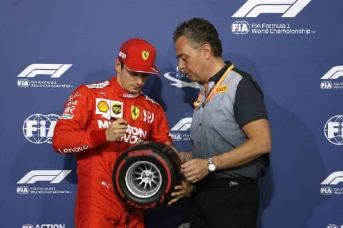 Photo4 LaPresse 31 03 2019 Sakhir, Bahrain Grand Prix Formula One Bahrain 2019 In the pic: Pirelli Pole position award Mario Isola (ITA), Sporting Director Pirelli and the poleman Charles Leclerc (MON) Scuderia Ferrari SF90  Copyright: xPhoto4 LaPressex