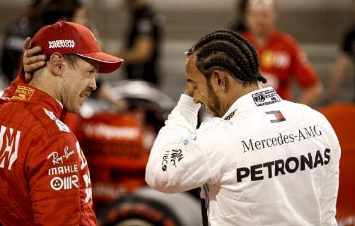 Motorsports: FIA Formula One World Championship WM Weltmeisterschaft 2019, Grand Prix of Bahrain, 5 Sebastian Vettel (GER, Scuderia Ferrari Mission Winnow), 44 Lewis Hamilton (GBR, Mercedes AMG Petronas Motorsport), Sakhir Bahrain
