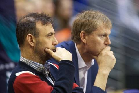 Handball Berlin 31.03.2019 EHF Cup Saison 2018 2019 Füchse Berlin - Balatonfüredi KSE Bob Hanning (Füchse Berlin, Geschäftsführer) Volker zerbe (Sportdirektor) re.