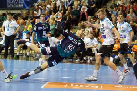 Handball Berlin 31.03.2019 EHF Cup Saison 2018 2019 Füchse Berlin - Balatonfüredi KSE Rolando Urios Gonzales (Füchse Berlin, No.25) Yury Semenov (Balatonfüred, No.55)
