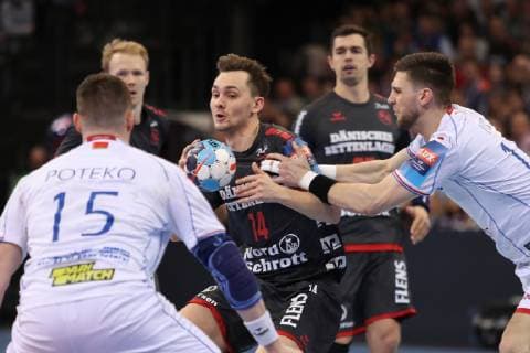 SG Flensburg-Handewitt vs Brest HC Meshkov, Handball, EHF Champions League Achtelfinale, 31.03.19 Hampus Wanne (SG Flensburg-Handewitt, 14) gegen Vid Poteko (Brest HC Meshkov, 15) und Sime Ivic (Brest HC Meshkov, 19)