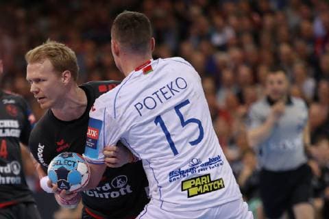 SG Flensburg-Handewitt vs Brest HC Meshkov, Handball, EHF Champions League Achtelfinale, 31.03.19 Anders Zachariassen (SG Flensburg-Handewitt, 22) gegen Vid Poteko (Brest HC Meshkov, 15)