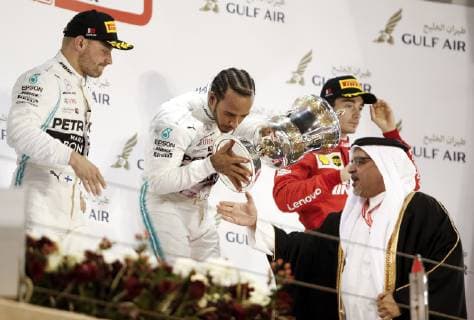 Motorsports: FIA Formula One World Championship WM Weltmeisterschaft 2019, Grand Prix of Bahrain, 77 Valtteri Bottas (FIN, Mercedes AMG Petronas Motorsport), 44 Lewis Hamilton (GBR, Mercedes AMG Petronas Motorsport), 16 Charles Leclerc (MCO, Scuderia Ferrari Mission Winnow), Sakhir Bahrain