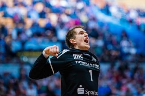 Dominik Plaue 1 (Dessau-Rosslauer HV 06) waehrend der Begegnung in der Handball 2. Bundesliga (Herren) - Saison 2018-2019 zwischen Dessau-Rosslauer HV 06 und HC Elbflorenz 2016 in der Anhalt Arena am 31. March 2019 in Dessau-Rosslau, Sachsen Anhalt, Deutschland
