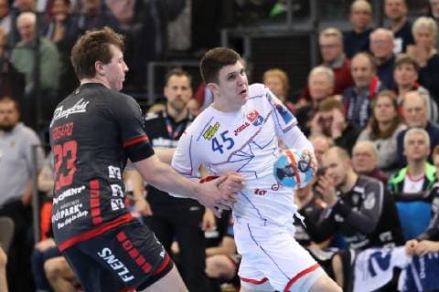 SG Flensburg-Handewitt vs Brest HC Meshkov, Handball, EHF Champions League Achtelfinale, 31.03.19 Goeran Soegard Johannessen (SG Flensburg-Handewitt, 23) gegen Darko Dukic (Brest HC Meshkov, 45)