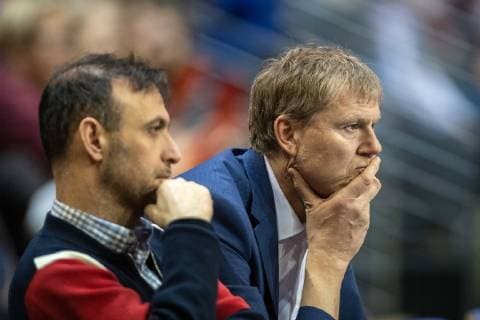 Handball Berlin 31.03.2019 EHF Cup Saison 2018 2019 Füchse Berlin - Balatonfüredi KSE Bob Hanning (Füchse Berlin, Geschäftsführer) li. Volker Zerbe (Sportlicher Leiter Füchse) re.