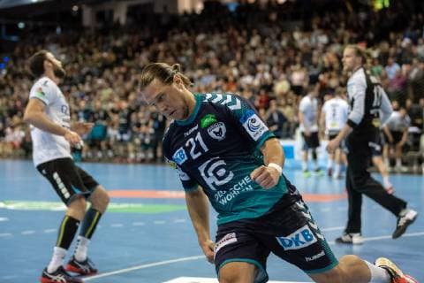 Handball Berlin 31.03.2019 EHF Cup Saison 2018 2019 Füchse Berlin - Balatonfüredi KSE Mattias Zachrisson (Füchse Berlin, No.21) Jubel