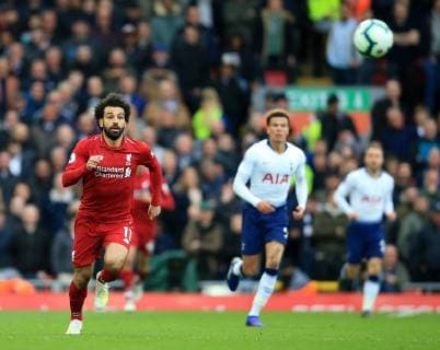 31st March 2019, Anfield, Liverpool, England; EPL Premier League football, Liverpool versus Tottenham Hotspur; Mohamed Salah of Liverpool chases a long pass out of defence  ActionPlus12119146 DavidxBlunsden