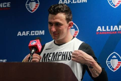 March 24, 2019 - Memphis, Tennessee, U.S. - Memphis Express Quarterback Johnny Manziel (2) reps his Chandler Parsons jersey during a press conference PK Pressekonferenz after AAF football game between Birmingham Iron and Memphis Express at Liberty Bowl Stadium. Memphis defeated Birmingham 31-25. AAF 2019: Memphis Express 31:25 Birmingham Iron  - ZUMA 90432485st Copyright: xShanexCosseyx